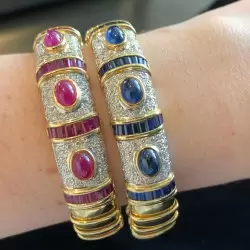 Art Deco 16ctw Cabochon Cut Sapphire & Ruby Bangle Bracelet