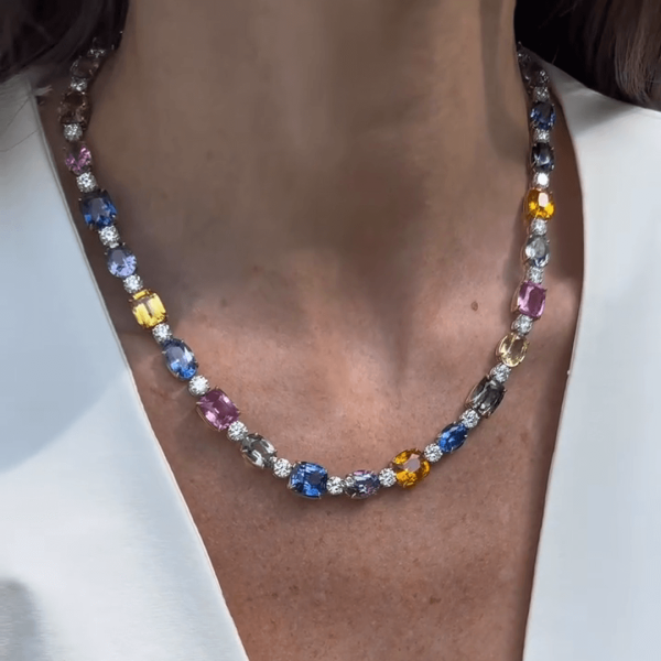 77ct Emerald Cut Rainbow Sapphire Tennis Necklace