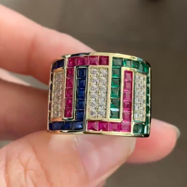 4ctw Asscher Cut Ruby Emerald Sapphire Band Ring