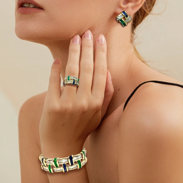 Art Deco Emerald Cut Emerald Sapphire Jewelry Set