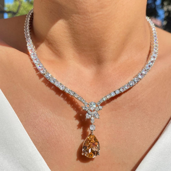 26ctw Pear Cut Champagne Sapphire Pendant Necklace