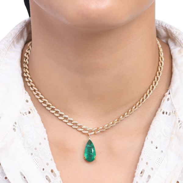 12ctw Pear Cut Emerald Miami Chain Necklace