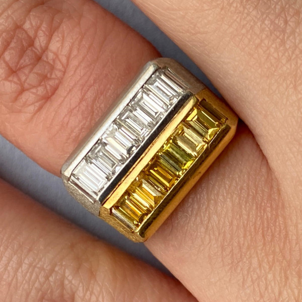 6ctw Emerald Cut White Sapphire & Yellow Sapphire Two-Tone Band Ring