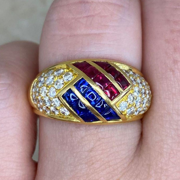 Vintage French 2.2ctw Asscher Cut Ruby Sapphire Band Ring