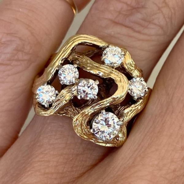 Brutalist Freeform Nugget 1.2ctw Round Cut White Sapphire Band Ring