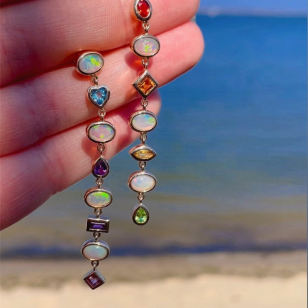 5ctw Multi-Cut Rainbow Sapphire & Opal Drop Earrings
