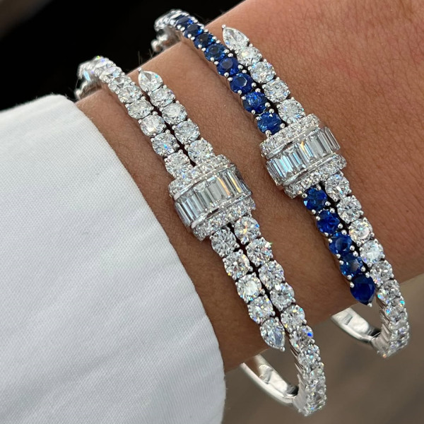 10ctw Round Cut White & Blue Sapphire Bangle Bracelet