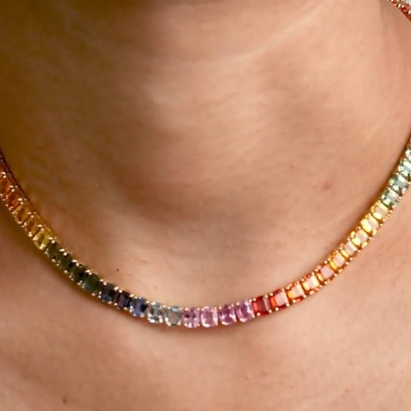 45Ctw Emerald Cut Rainbow Sapphire Bright Tennis Necklace