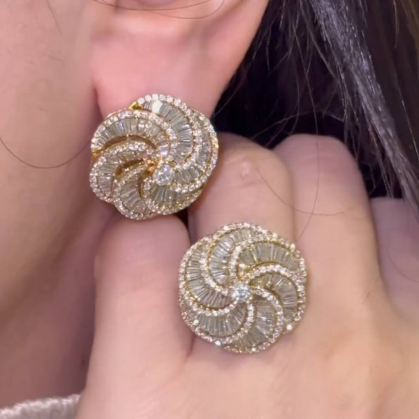 15Ctw Emerald Cut White Sapphire Shiny Floral Earrings and Ring Set