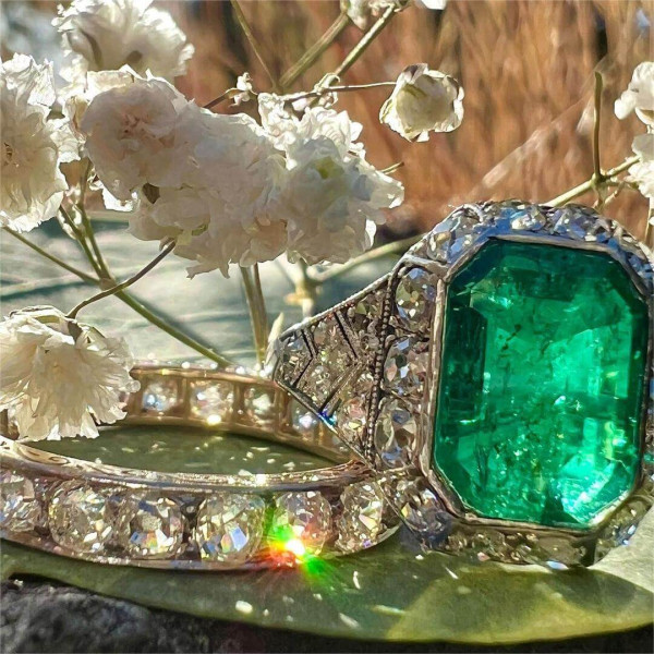 8.5ctw Edwardian Colombian Emerald Cut Emerald Ring Set