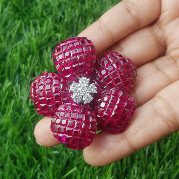 16ctw Asscher Cut Ruby Invisible Set Flower Brooch