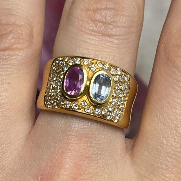 4.5ctw Oval Cut Pink & Blue Sapphire Pave Setting Wide Ring