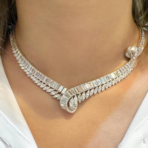 40ctw Marquise & Baguette Cut White Sapphire Chandelier Choker Necklace