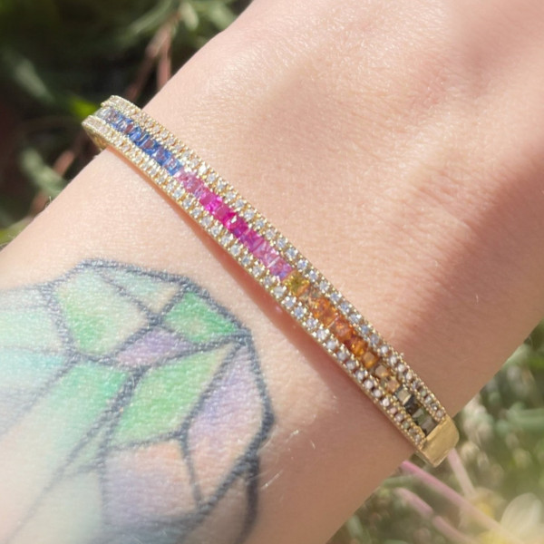 10ctw Asscher Cut Rainbow Sapphire Channel Set Bangle Bracelet