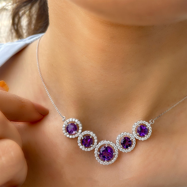 10ctw Round Cut Amethyst Five Stone Halo Pendant Necklace