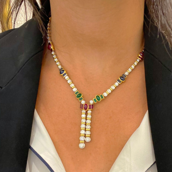 18.86ctw Cabochon Cut Emerald Ruby Sapphire Lariat Necklace
