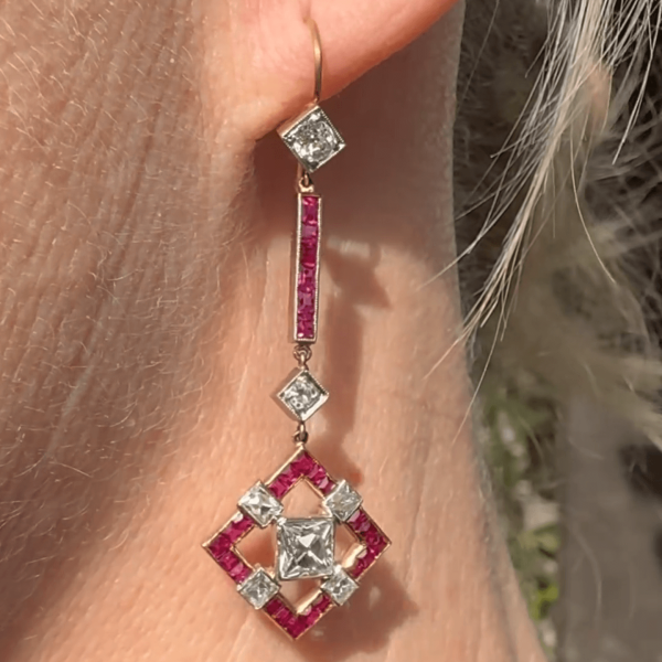 3.6ctw Princess Cut Ruby Long Drop Earrings