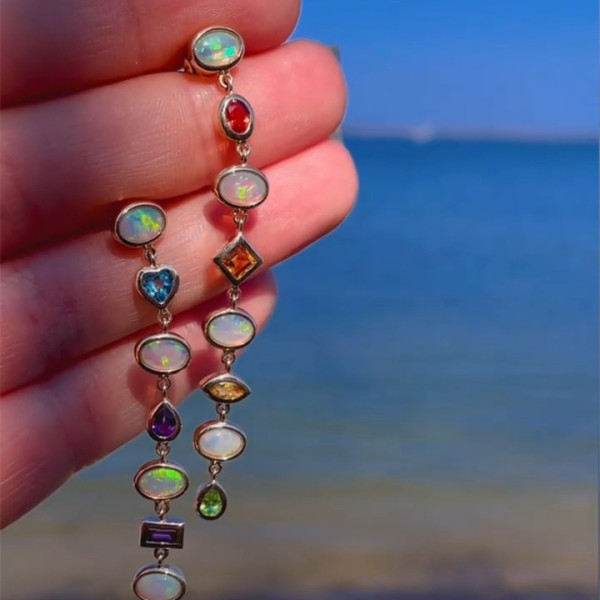 5ctw Multi-Cut Rainbow Sapphire & Opal Drop Earrings