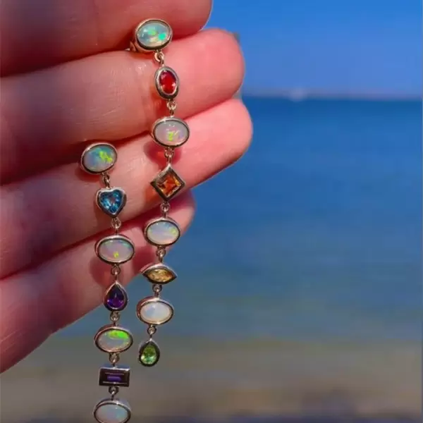 5ctw Multi-Cut Rainbow Sapphire & Opal Drop Earrings