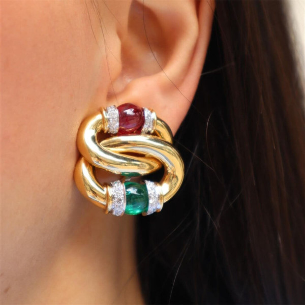 14.2ctw Cabochon Cut Ruby & Emerald Link Clip Earrings