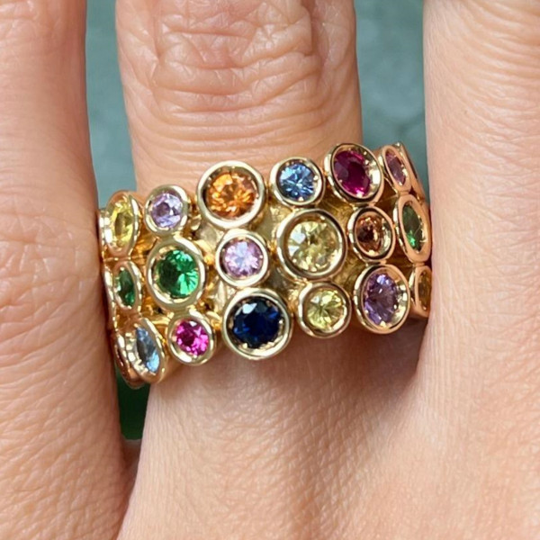 5ctw Round Cut Multicolor Rainbow Sapphire Bezel Eternity Band Ring