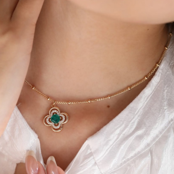 3ctw Asscher Cut Emerald Four-Leaf Clover Pendant Necklace