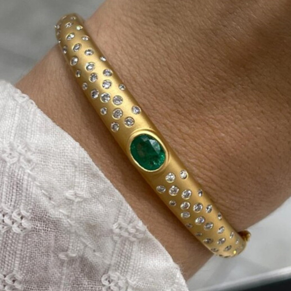 2.66ctw Oval Cut Emerald Constellation Bezel & Pave Bangle Bracelet