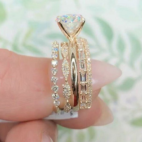 Handmade Yellow Gold 2.0 CT Round Cut Sterling Silver 4pcs Ring Set