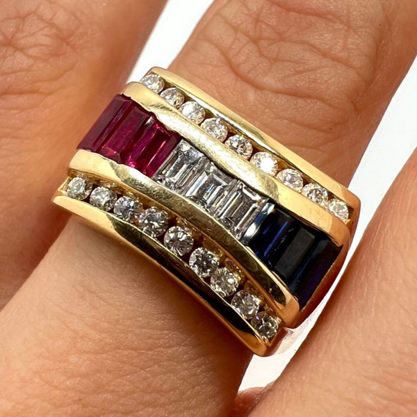 2.55ctw Baguette Cut Sapphire and Ruby Wide Band Ring