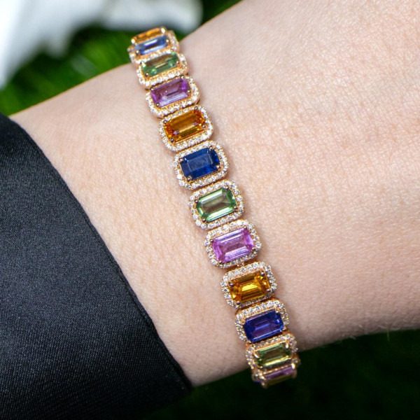 14.55ctw Emerald Cut Multicolor Sapphires Rainbow Halo Bracelet 