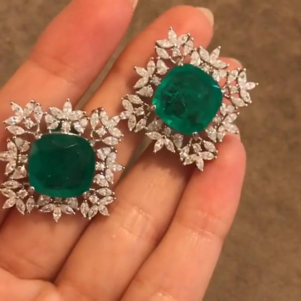 Vintage 3 CT Cushion Cut Green Sapphire Sterling Silver Stud Earring