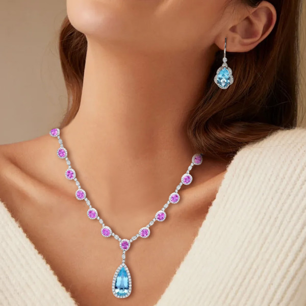 Pear Cut Aquamarine Decorated Drop Jewelry Set