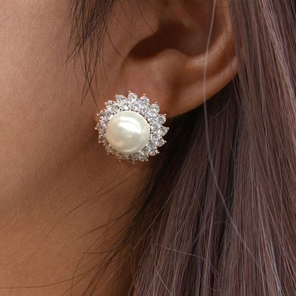 12mm South Sea Pearl White Sapphire Cluster Stud Earrings
