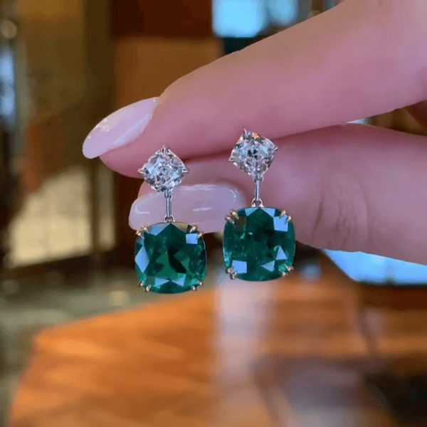 Cushion Cut Emerald Pendant Earrings
