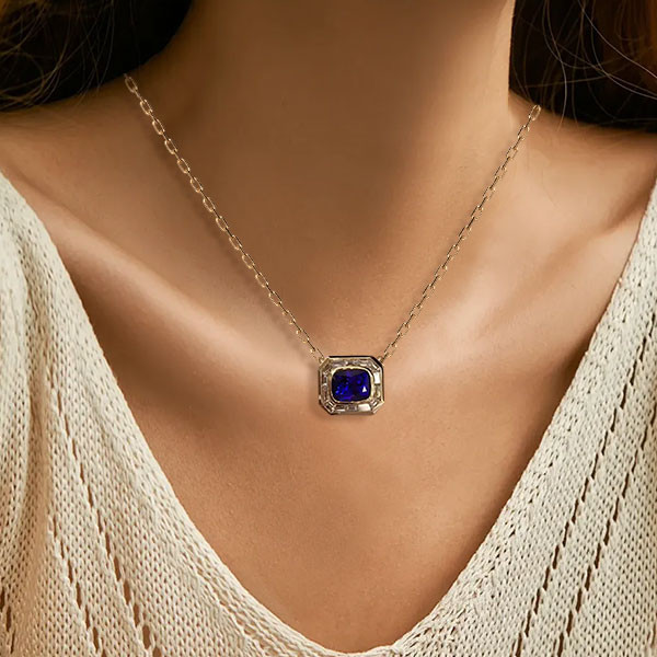 2.5ct Cushion Cut Sapphire Geometric Design Pendant Necklace