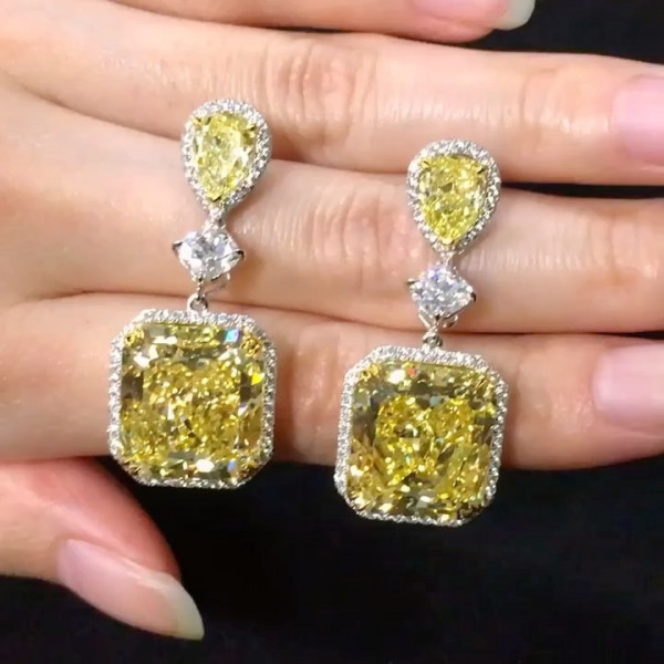 Handmade 5 Ct Fancy Yellow Radiant Cut Diamond Dangle Earrings