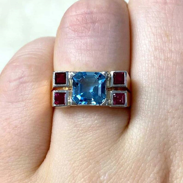 1.37ct Asscher Cut Aquamarine And Ruby Ring