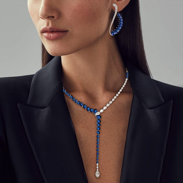 Pear Cut Created Blue Sapphire Necklace & Earrings Set