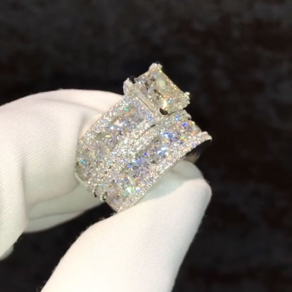 Handmade 3CT Princess Cut  Ring With Round Briliiant Pave Set Diamond Band